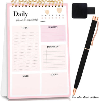 2 Pack to Do List Notepad, A5 Spiral Daily Planner,Undated Planner Notebook,52 Sheet Checklist Productivity Organizer,Pvc Hard Cover,With Ballpoint Pen Self-Adhesive Pen Sleeve (Green and Pink)
