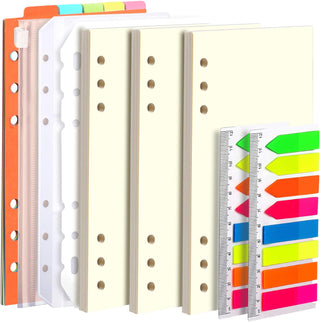 A6 Refill Paper, 3 Pack 45PCS A6 6 Ring Loose Leaf Paper, 320PCS Neon Page Markers, with Binder Pockets Dividers, A6 Lined Paper Refills for A6 Binder Planner Notebook Journal, 6.73"X3.74"