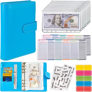 Budget Binder Cash Envelopes for Budgeting Money Organizer for Cash Money Envelopes for Cash Leather A6 Budget Binder with Zipper Envelopes (Blue)