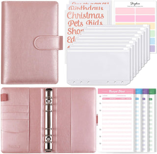 A6 Budget Binder with 8Pcs Zipper Envelopes,Money Organizer for Cash with 12Pcs Expense Sheets & 24 Rose Gold Sticky Labels